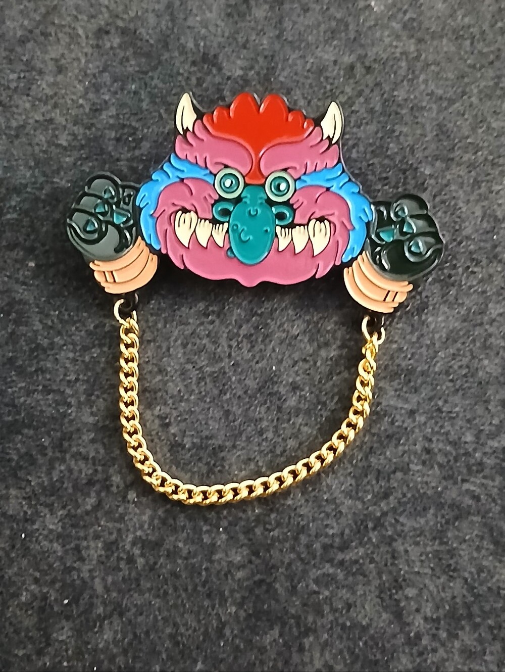 My Pet Monster Enamel Pin Colorful Monster Face w/ Handcuffs Retro 80s Style